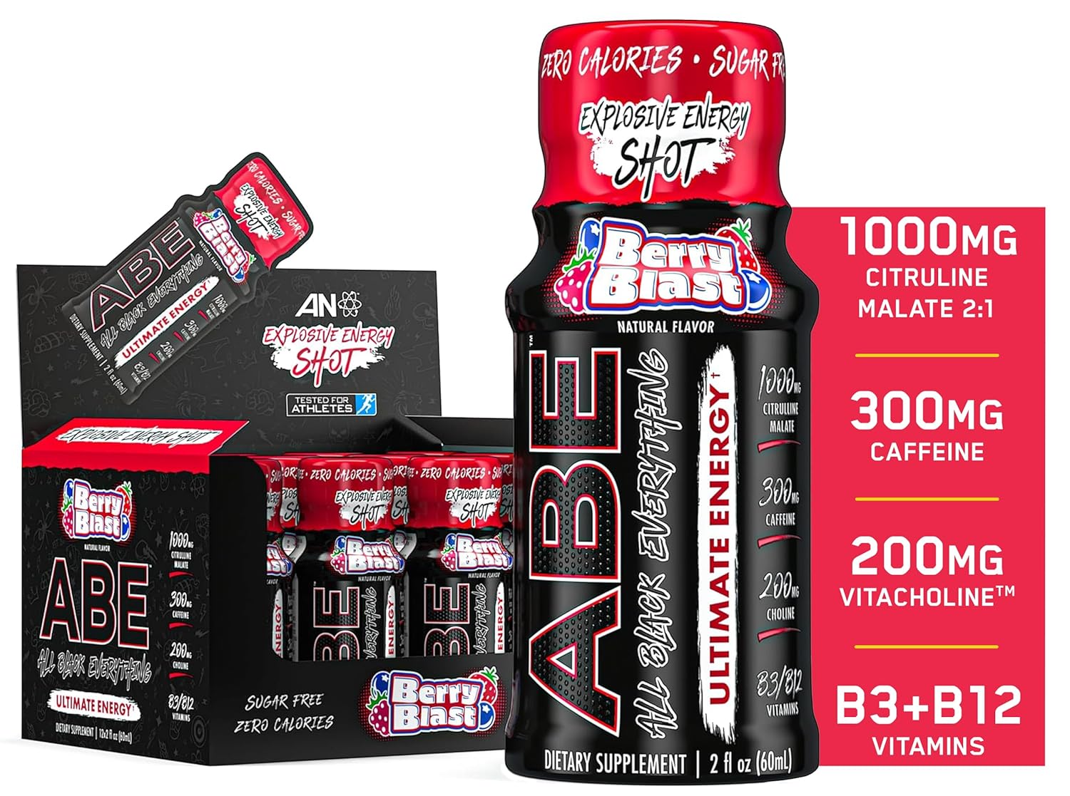 12 Pack ABE Berry Blast Energy Shots - 300mg Caffeine, Zero Sugar, Nootropic Blend for Gym and Work