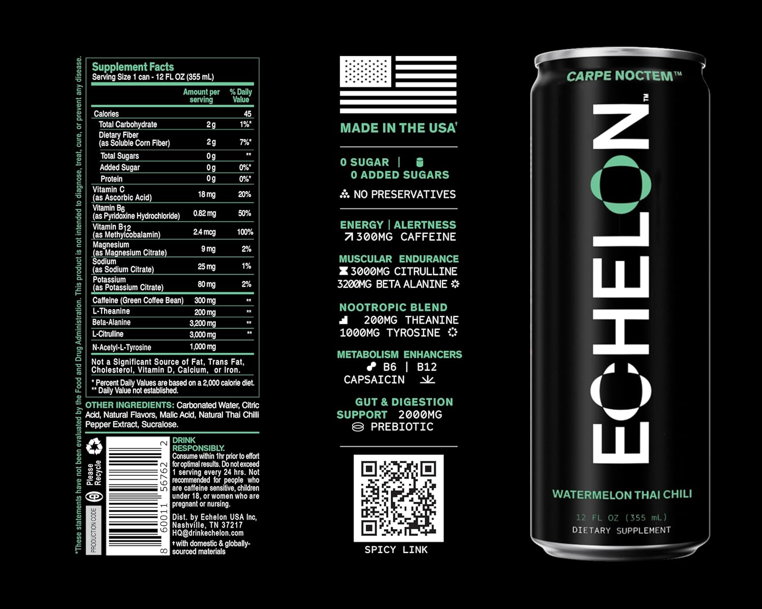 12-Pack Echelon Pre-Workout Energy Drink - Watermelon Chili Flavor - Vegan Supplement with 300mg Caffeine, Beta-Alanine, L-Theanine & Fiber for Peak Performance