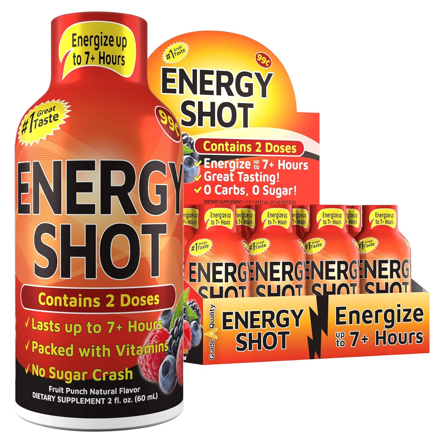 12-Pack Grade A Fruit Punch Shots with Up to 7+ Hours of Energy