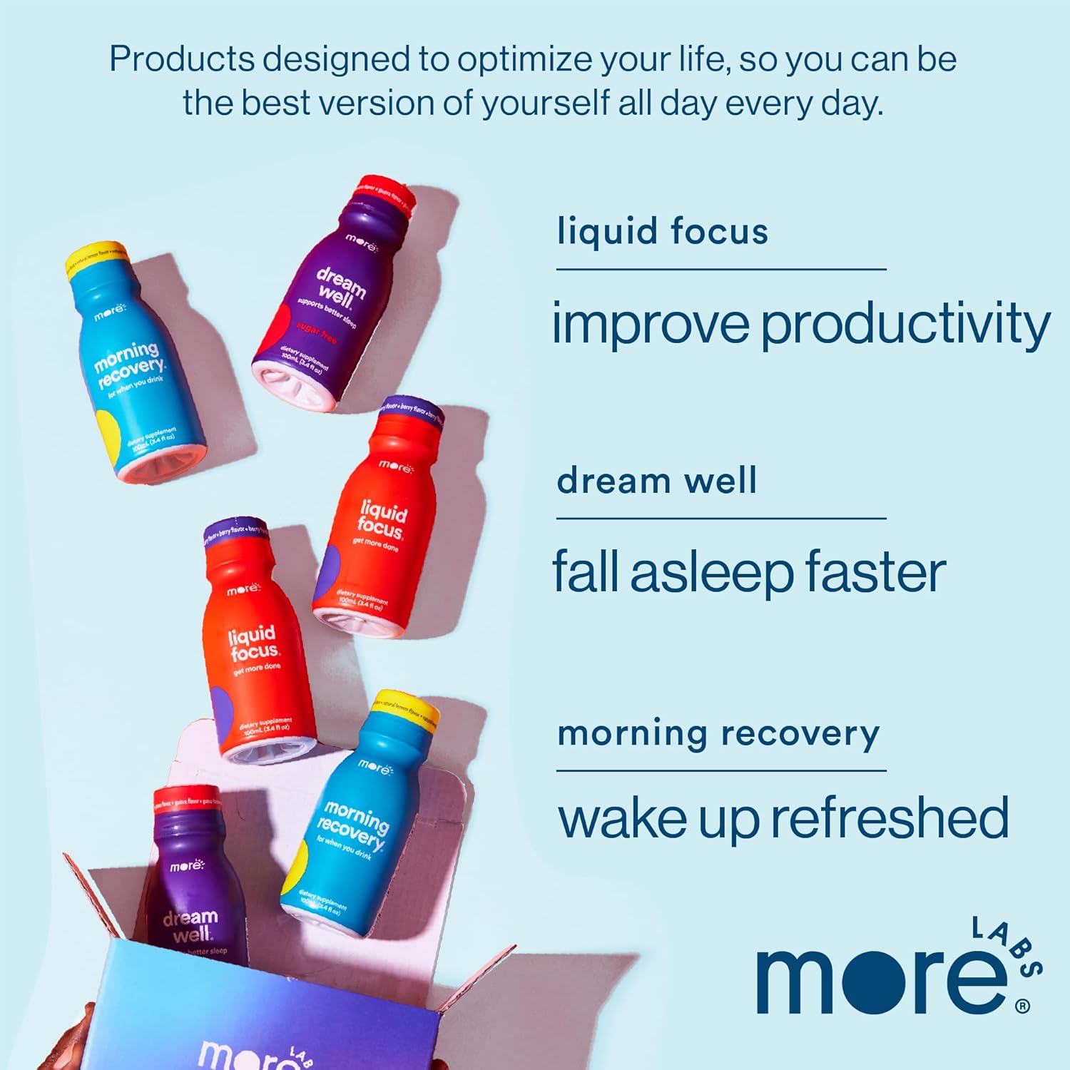 12-Pack More Labs Liquid Focus Nootropic Smart Drink with Antioxidants, Herbs, 150mg Caffeine for Energy & Concentration