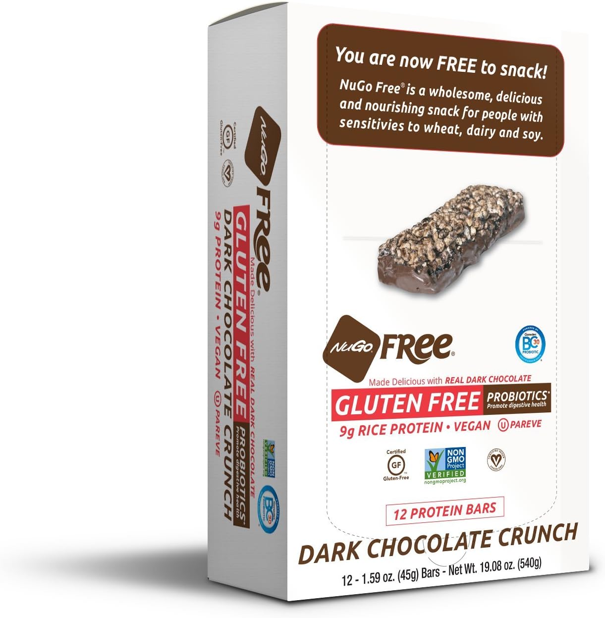 12 Pack NuGo Free Dark Vegan Rice Protein Bar with Probiotics, Gluten & Soy Free, Dark Chocolate Crunch - 9g Protein - 1.59oz Bars