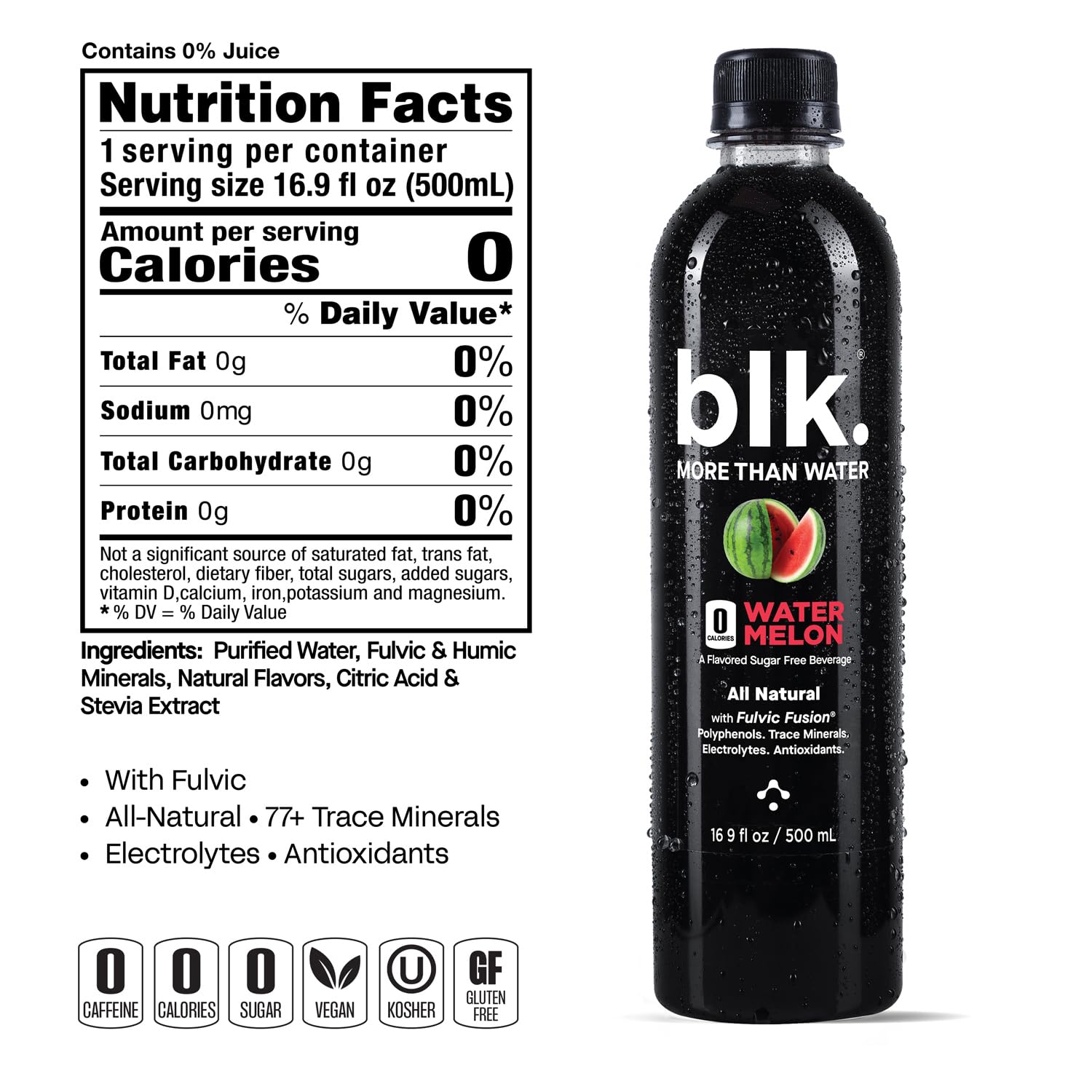 12 Pack of blk. Alkaline Watermelon Water, 500 mL Each, pH 8, Fulvic & Humic Acid, Trace Minerals, Electrolytes for Cell Hydration & Repair