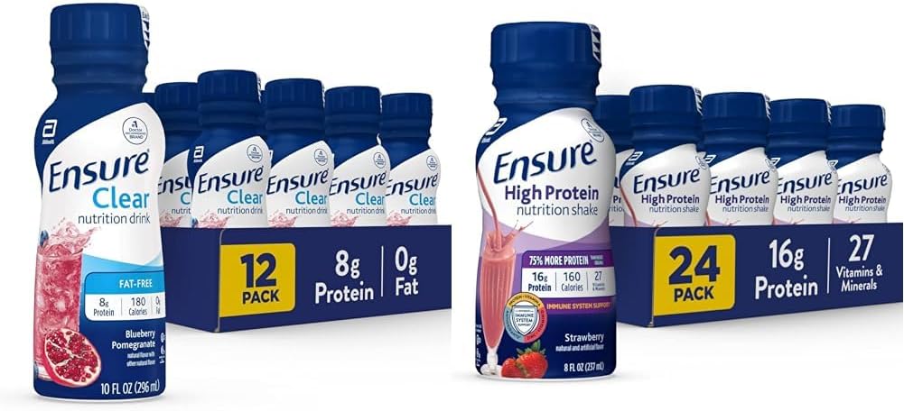 12 Pack of Ensure Clear Liquid Nutrition Drink, Blueberry Pomegranate Flavor, 0g Fat, 8g Protein, 10 Fl Oz Bottle, Gluten Free + 24 Pack of Ensure High Protein Strawberry Nutrition Shake