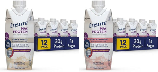 12-Pack of Ensure Max Protein Nutrition Shakes - Creamy Strawberry Flavor, 30g Protein, 1g Sugar, High Protein Shake