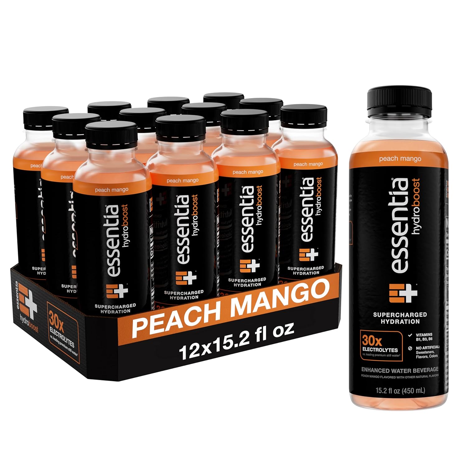 12 Pack of Essentia Hydroboost Peach Mango Enhanced Bottled Water - 15.2 fl. oz. (450 mL) - Hydrolyte Blend with B-Complex Vitamins and Electrolytes - Clean Taste & Supercharged Hydration