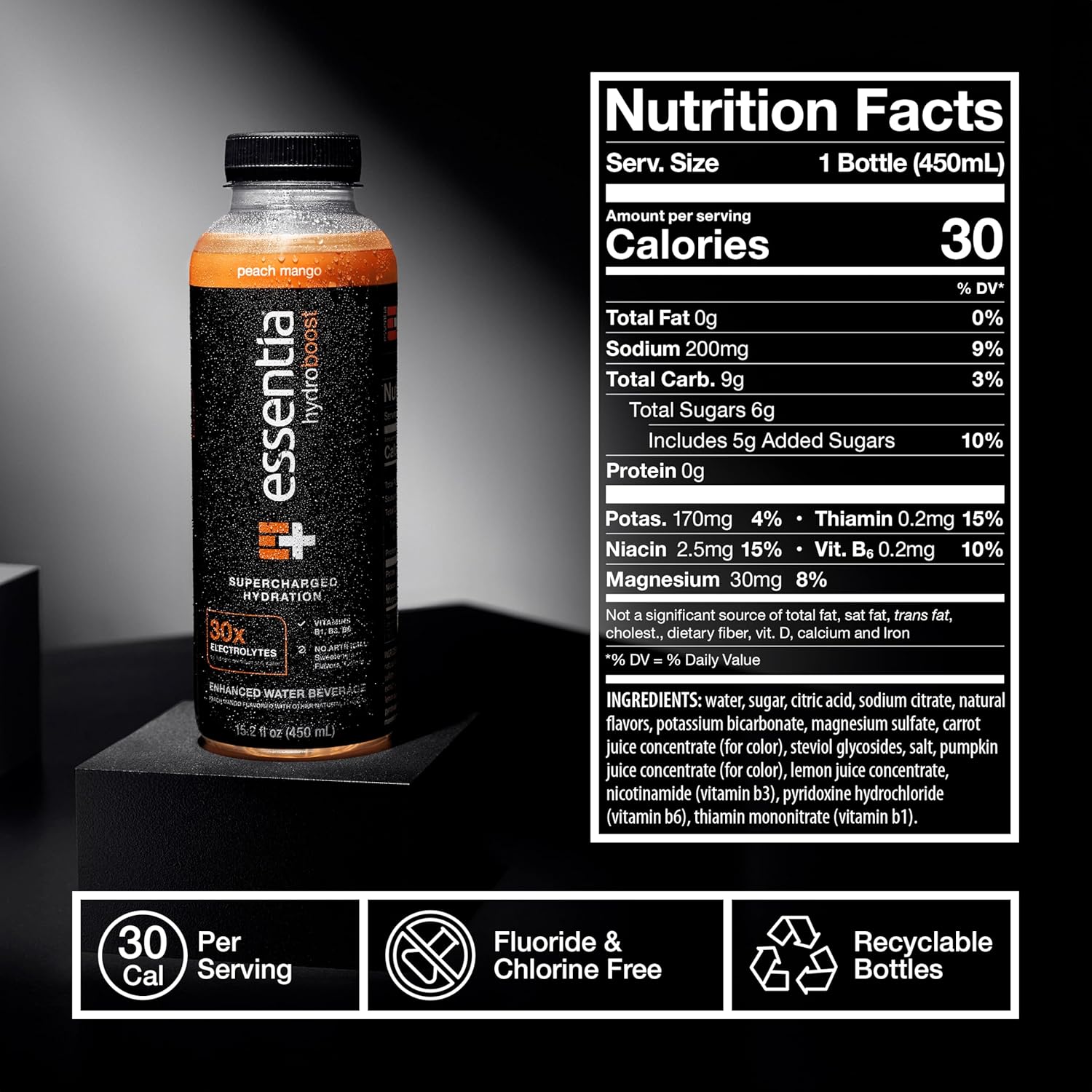 12 Pack of Essentia Hydroboost Peach Mango Enhanced Bottled Water - 15.2 fl. oz. (450 mL) - Hydrolyte Blend with B-Complex Vitamins and Electrolytes - Clean Taste & Supercharged Hydration