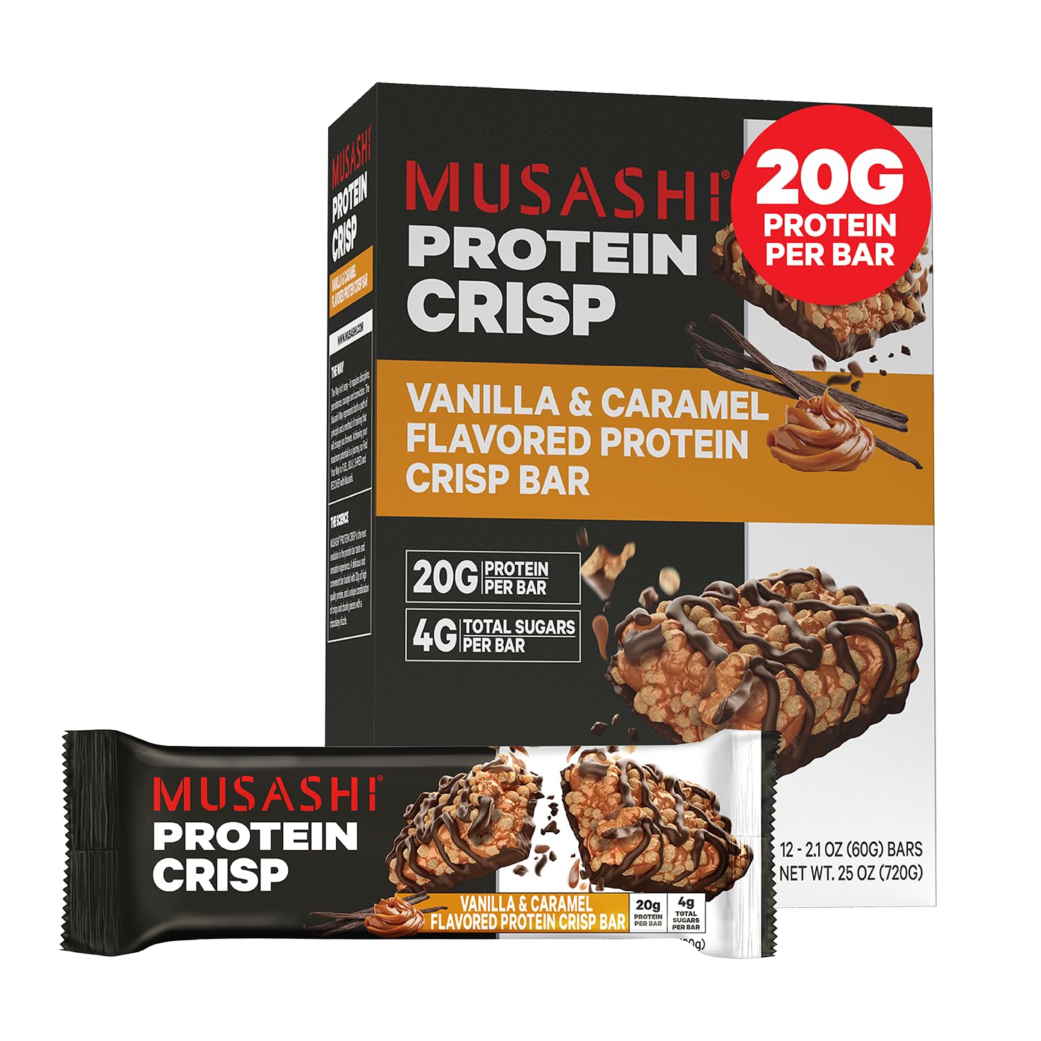 12 Pack of MUSASHI Vanilla & Caramel Protein Crisp Bars - 20g Protein, 4g Sugars, Post Workout Snack