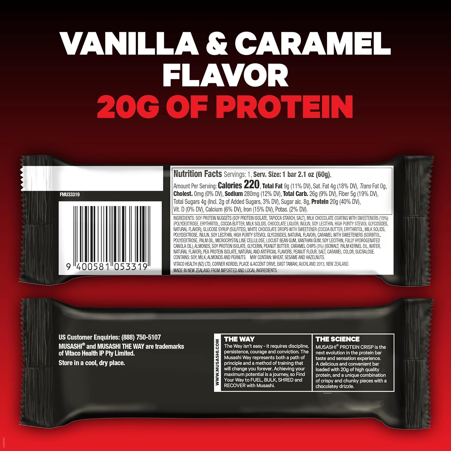 12 Pack of MUSASHI Vanilla & Caramel Protein Crisp Bars - 20g Protein, 4g Sugars, Post Workout Snack