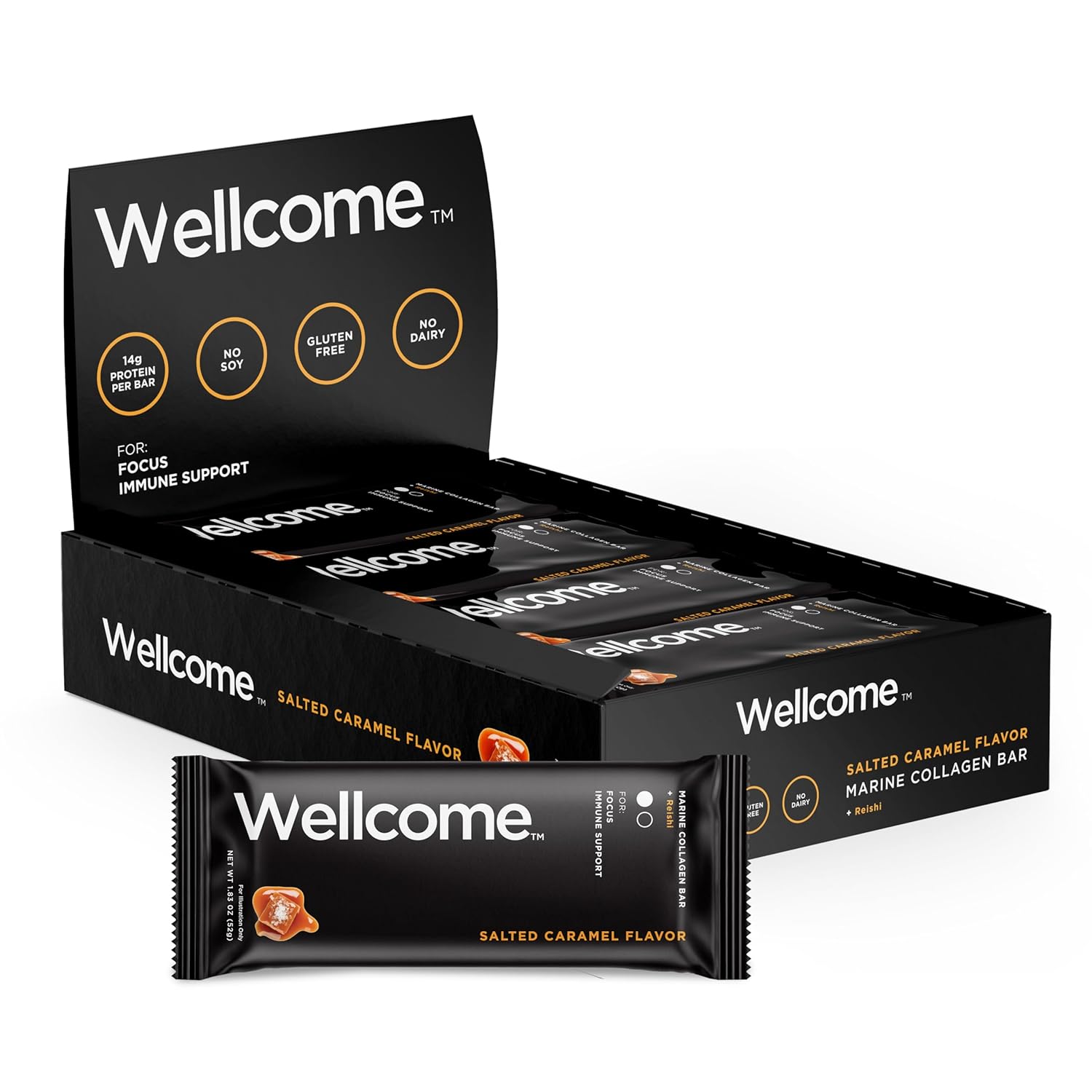 12 Pack Salted Caramel Marine Collagen Protein Bar with Reishi Mushroom - Adaptogenic Snack for Energy and Immune Support - Dairy Free Functional Health Bar