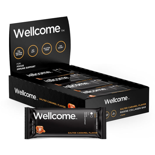 12 Pack Salted Caramel Marine Collagen Protein Bar with Reishi Mushroom - Adaptogenic Snack for Energy and Immune Support - Dairy Free Functional Health Bar
