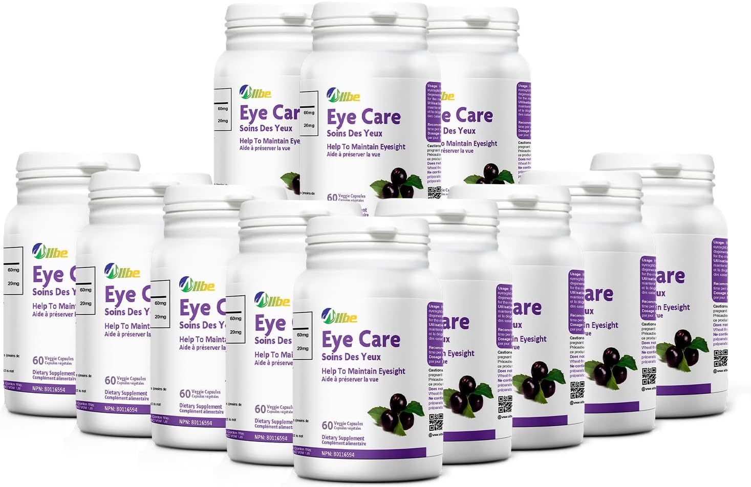 12 Packs of Allbe Eye Care Capsules - Lutein 20mg and Maqui Berry 60mg Servings - Adult Eye Health Supplements