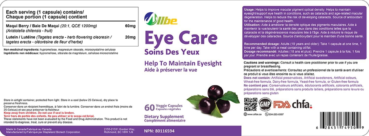 12 Packs of Allbe Eye Care Capsules - Lutein 20mg and Maqui Berry 60mg Servings - Adult Eye Health Supplements