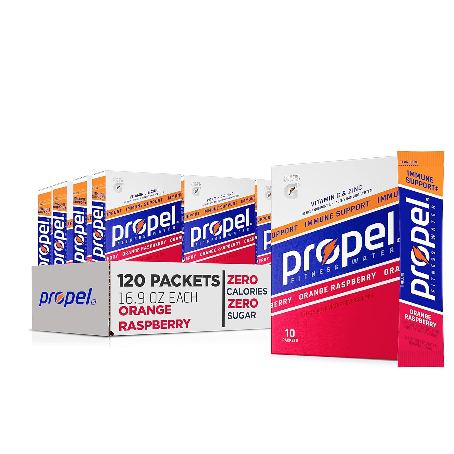 12 Packs of Propel Immune Support Powder Packets - Orange Raspberry Flavor - 10 Count Each - Vitamin C + Zinc Boost