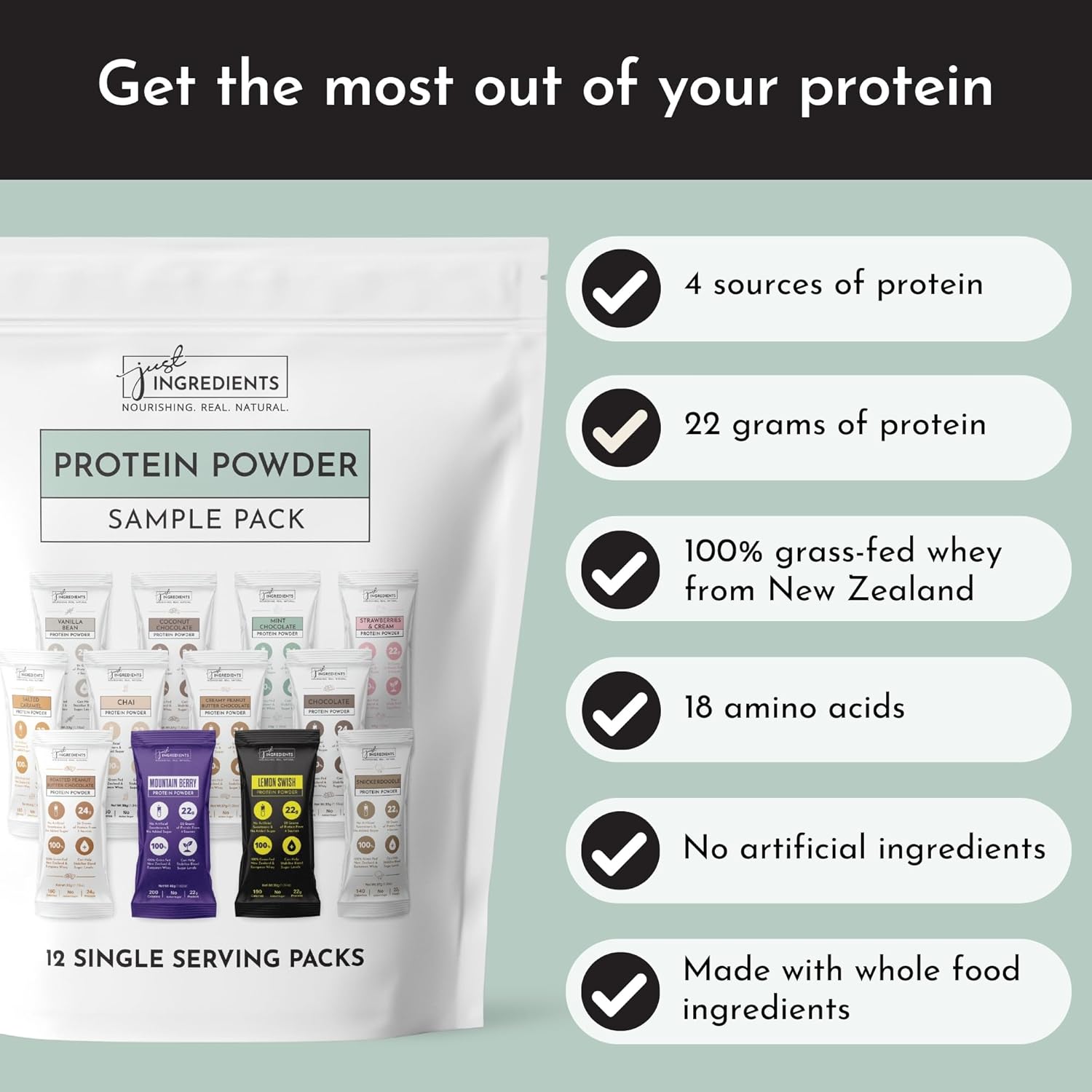 12 Servings JUST Ingredients Variety Pack Protein Powder | Grass-Fed Whey | Non-GMO, Gluten-Free, No Artificial Flavors