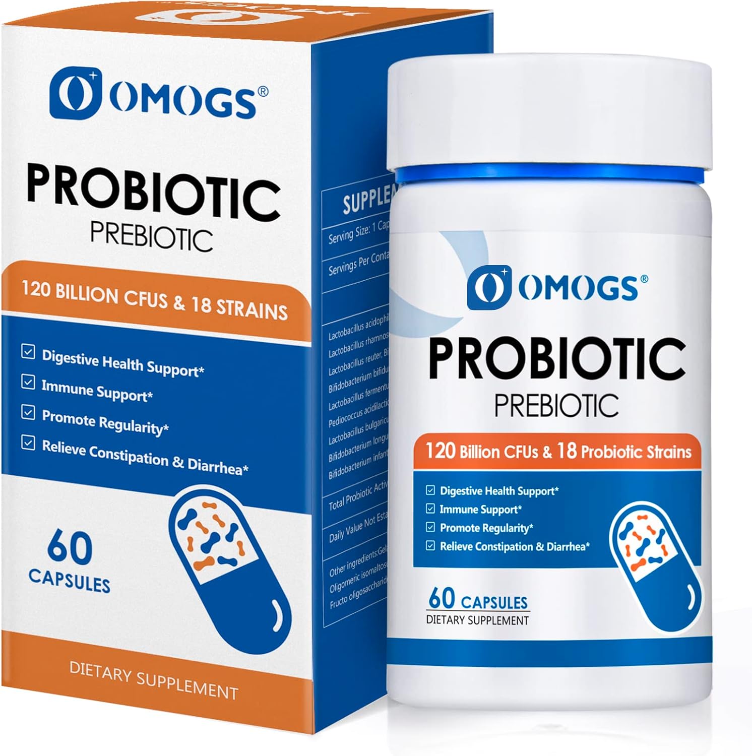 120 Billion CFU Probiotic Supplement with 18 Strains, Prebiotics, and Enzymes for Digestive and Immune Health - 60 Capsules