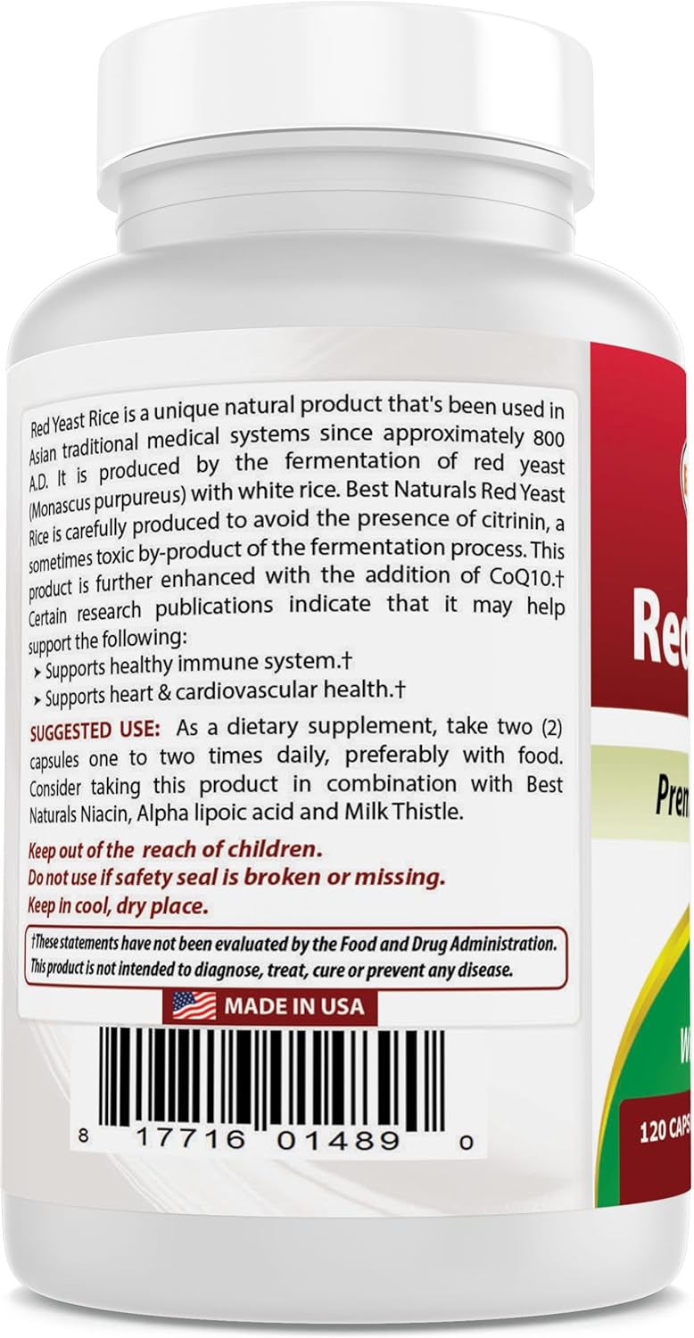 120 Capsules Best Naturals Red Yeast Rice with CoQ10 - Cardiovascular Formula with 600mg Red Yeast Rice and 30mg CoQ10