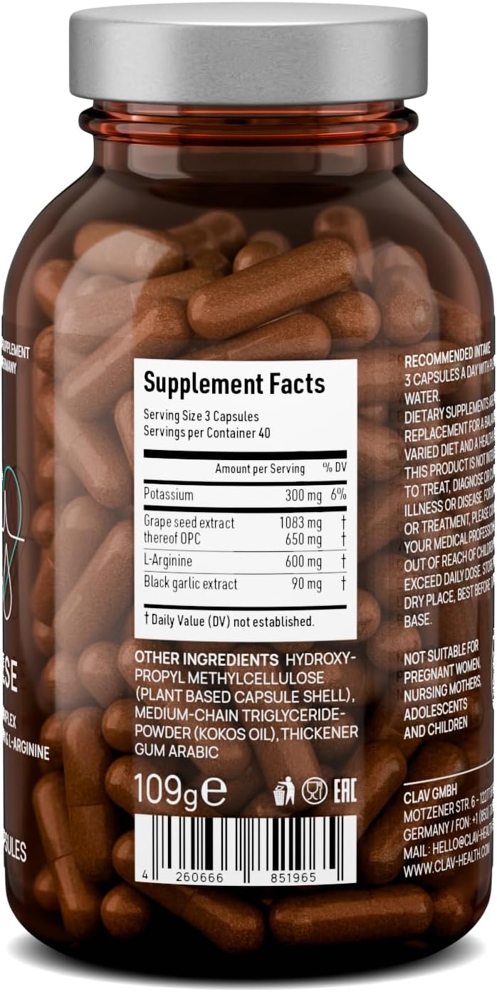 120 Capsules CLAV Premium Blood Pressure Support Supplement with Grape Seed Extract, L-Arginine, Black Garlic Extract & Potassium