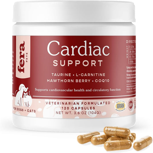 120 Capsules Fera Pet Organics Fera Pets Cardiac Supplement for Dogs & Cats - Vet Formulated for Cardiovascular Health with Taurine, CoQ10, and Hawthorne Berry