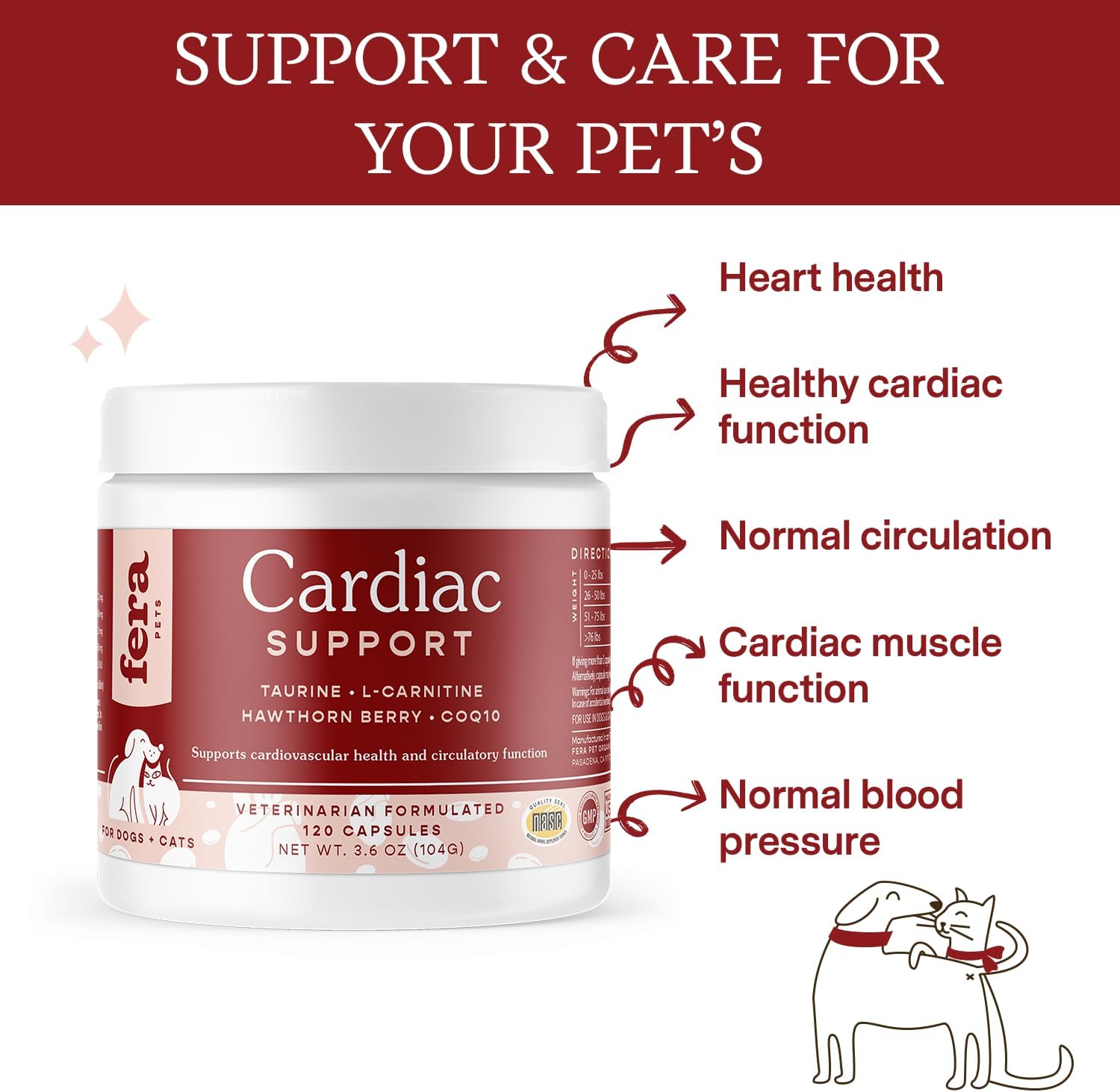 120 Capsules Fera Pet Organics Fera Pets Cardiac Supplement for Dogs & Cats - Vet Formulated for Cardiovascular Health with Taurine, CoQ10, and Hawthorne Berry