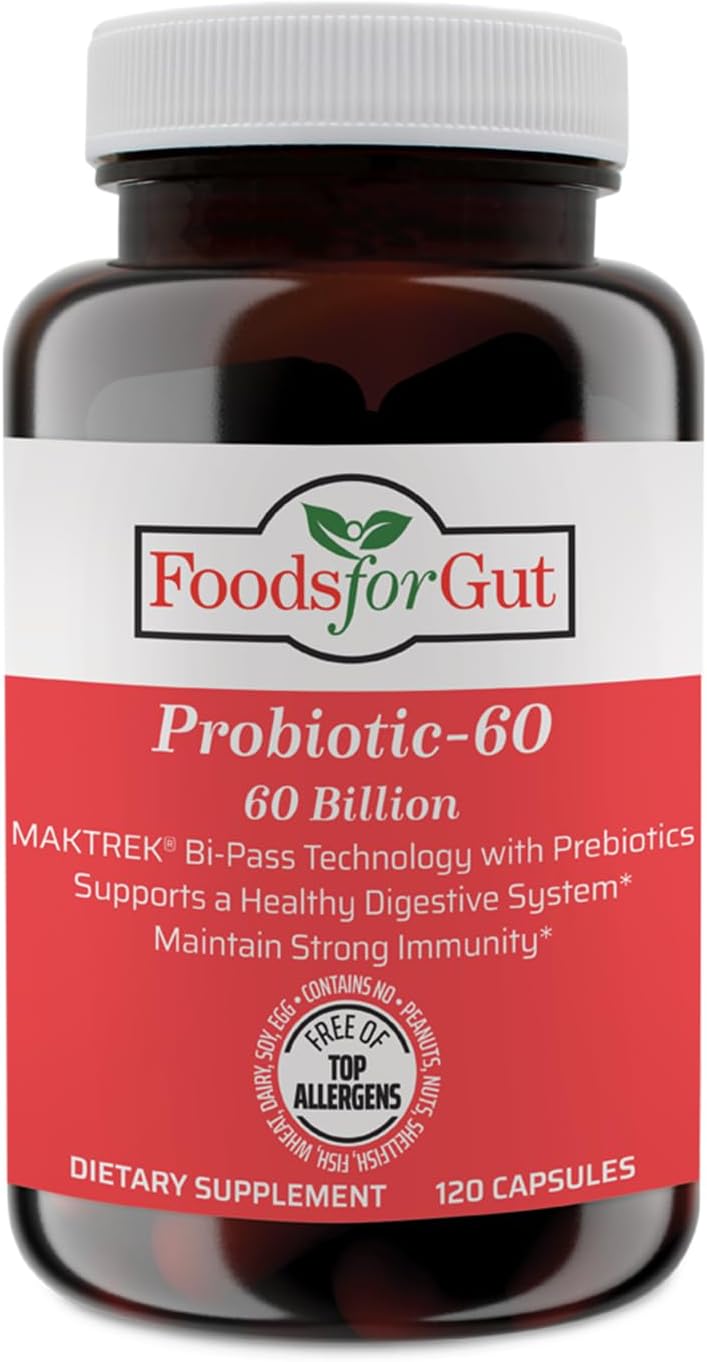 120 Capsules Gut Probiotic Capsules with 60 Billion CFU's, MAKTrek Bipass Technology for Digestive & Immune Support