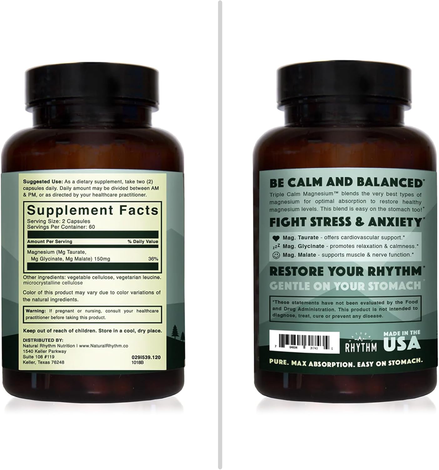 120 Capsules Natural Rhythm Triple Calm Magnesium Complex - 150mg Supplement with Glycinate, Malate, and Taurate for Rest and Relaxation