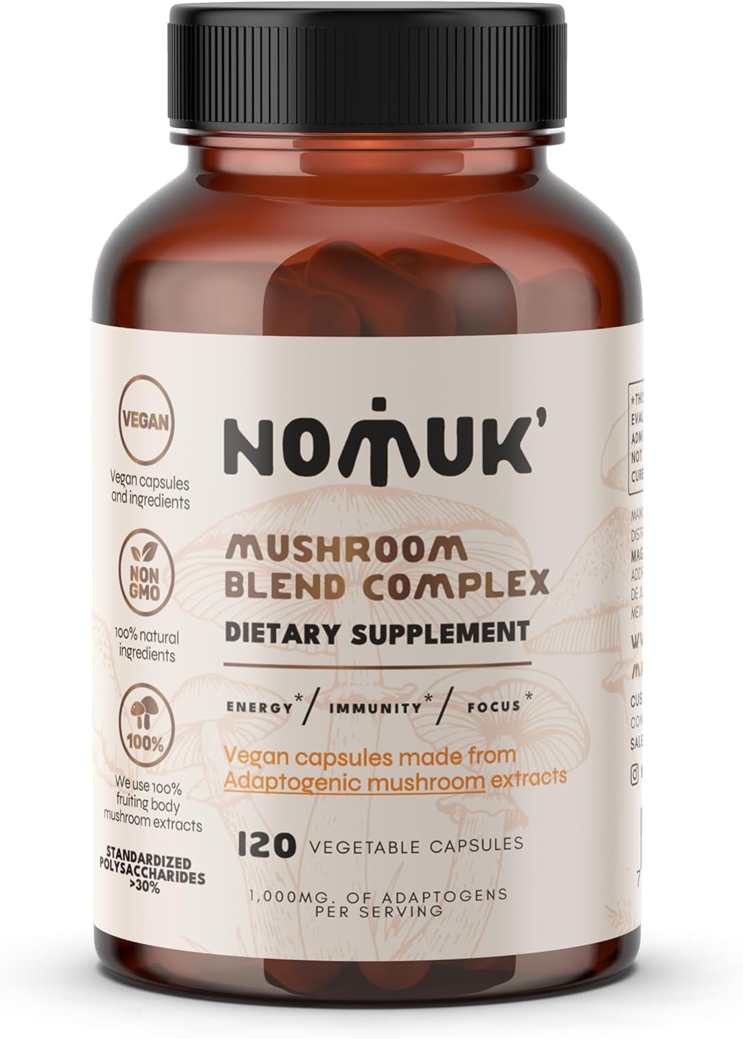 120 Capsules Nomuk Adaptogenic Mushroom Extract Blend with Lions Mane, Reishi, Cordyceps, and Chaga Supplement
