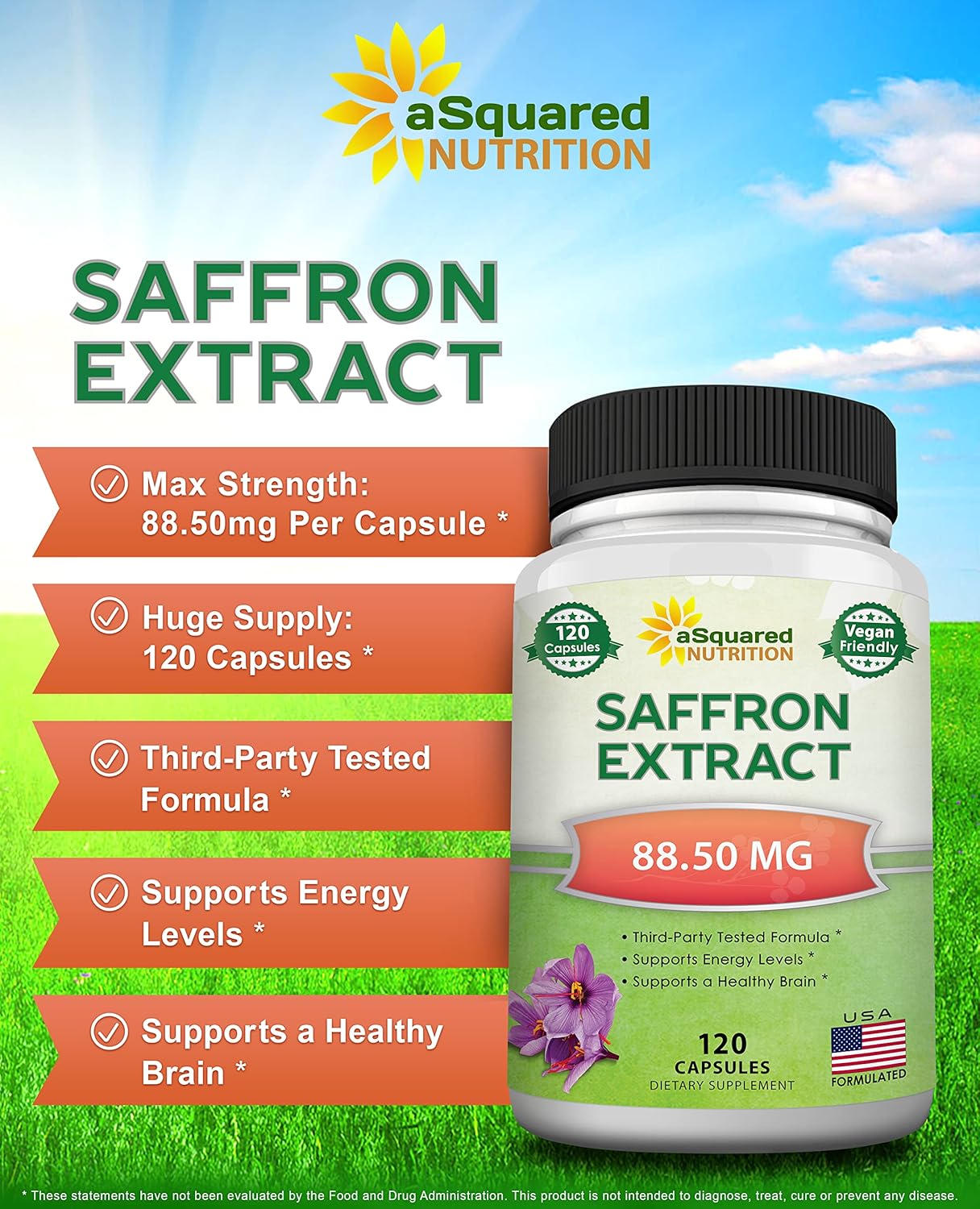 120 Capsules of aSquared Nutrition Saffron Extract Supplement Pills - Pure Alternative to Saffron Powder & Tea