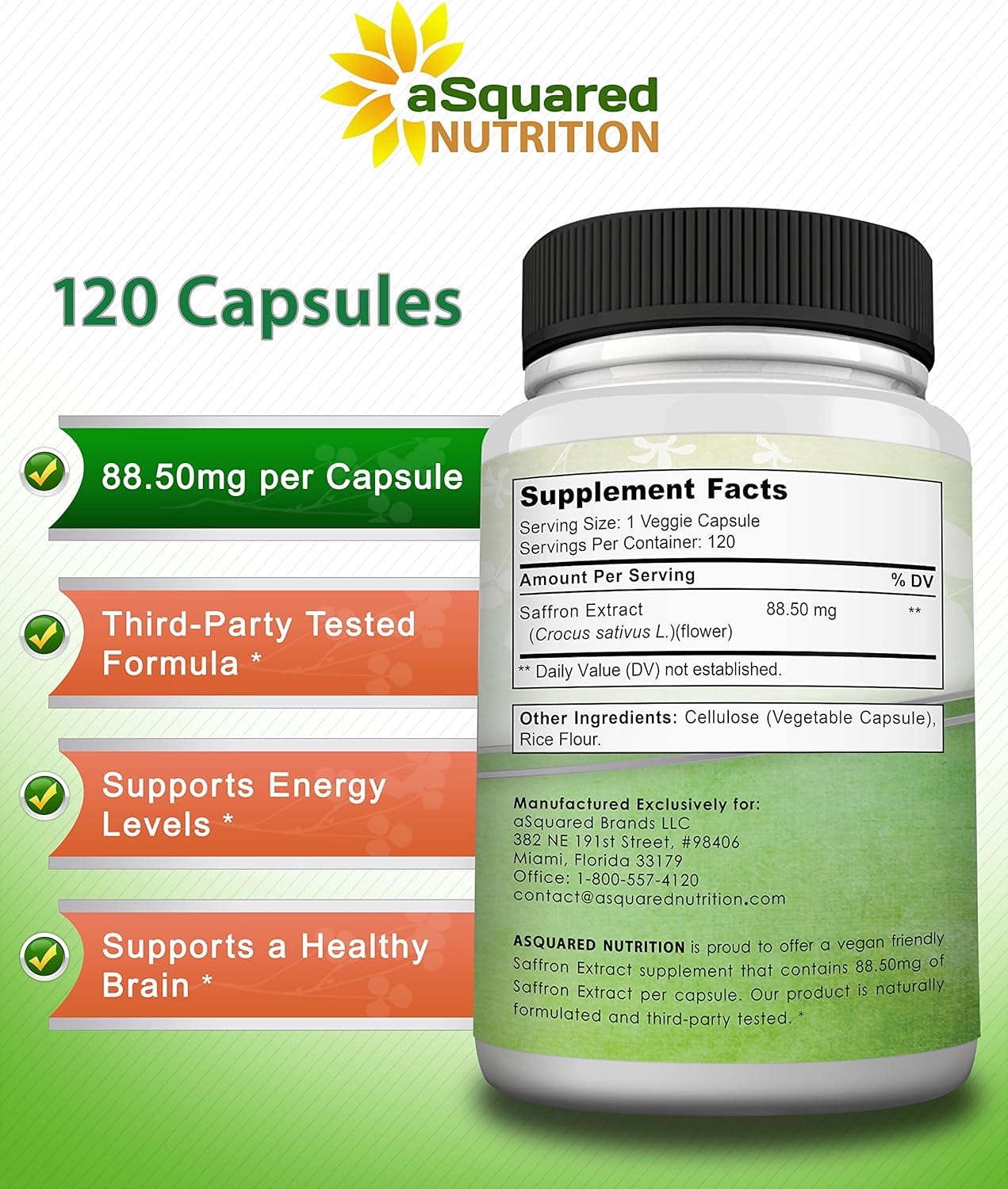 120 Capsules of aSquared Nutrition Saffron Extract Supplement Pills - Pure Alternative to Saffron Powder & Tea