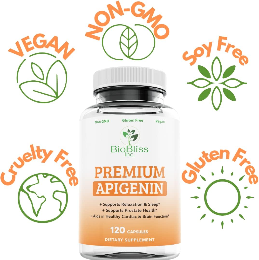 120 Capsules of BIOBLISS INC. Apigenin Supplement for Prostate Health & Relaxation - 50mg, 4 Month Supply - Non-GMO, Gluten Free, Vegan - Antioxidant & Bioflavonoid Sleep Aid