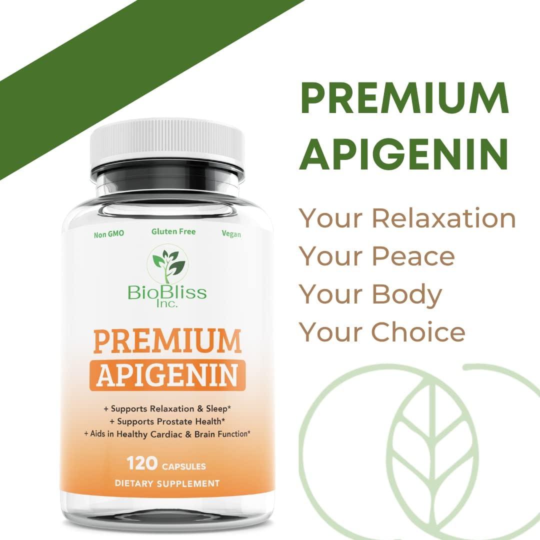 120 Capsules of BIOBLISS INC. Apigenin Supplement for Prostate Health & Relaxation - 50mg, 4 Month Supply - Non-GMO, Gluten Free, Vegan - Antioxidant & Bioflavonoid Sleep Aid