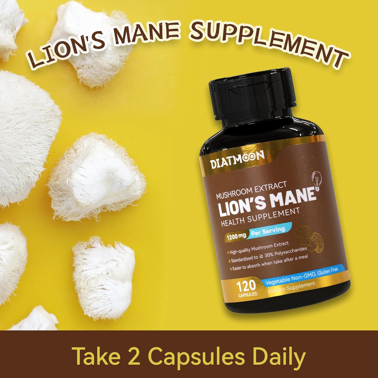 120 Capsules of DIATMOON Lion's Mane Mushroom Supplement for Brain and Immune Support