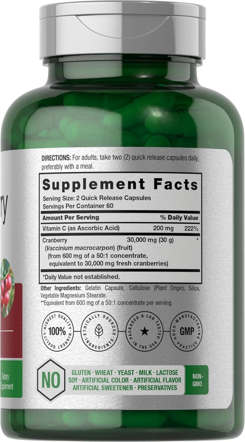 120 Capsules of Horbäach Triple Strength Cranberry Concentrate Extract Pills with 30,000mg and Vitamin C - Non-GMO & Gluten Free