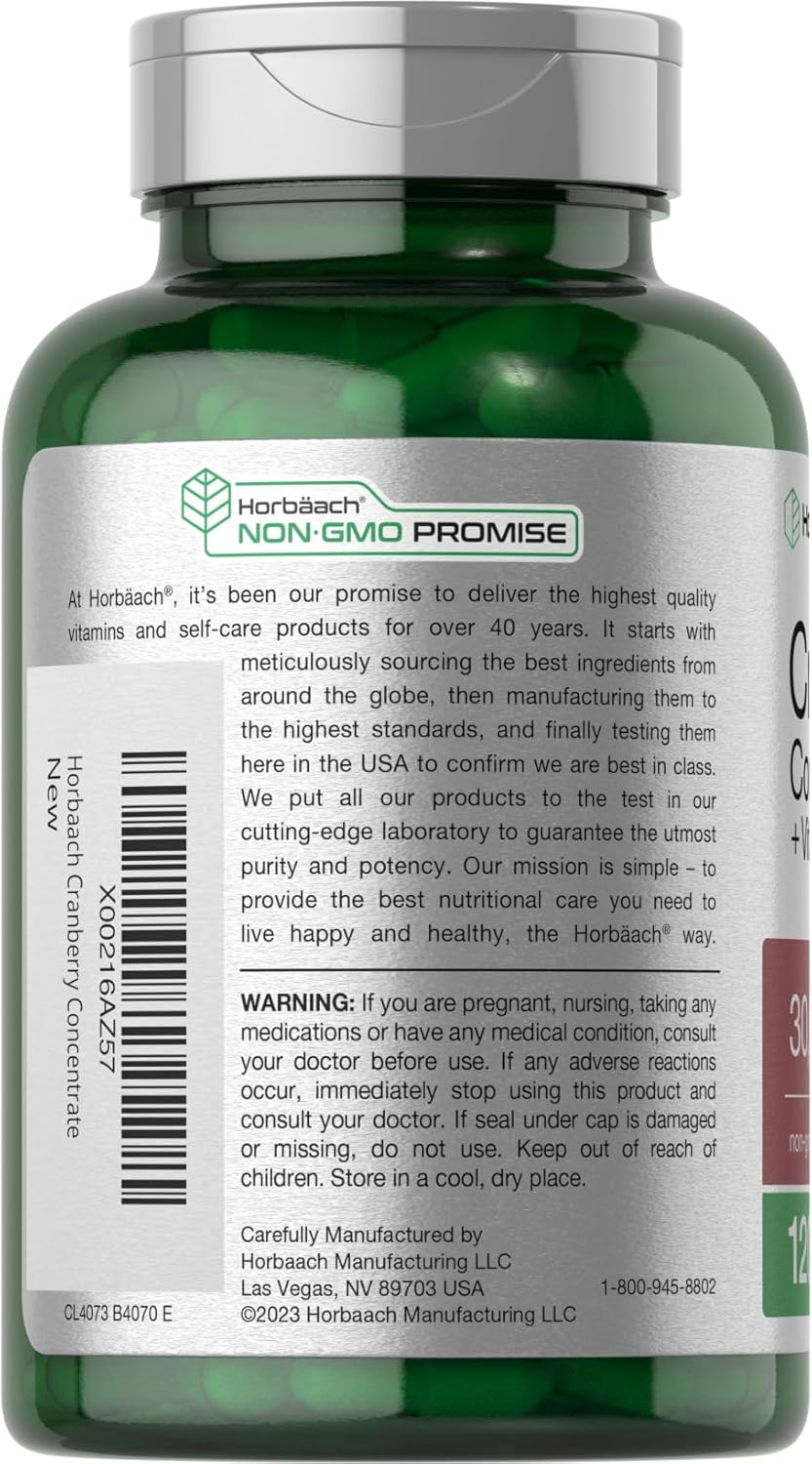 120 Capsules of Horbäach Triple Strength Cranberry Concentrate Extract Pills with 30,000mg and Vitamin C - Non-GMO & Gluten Free