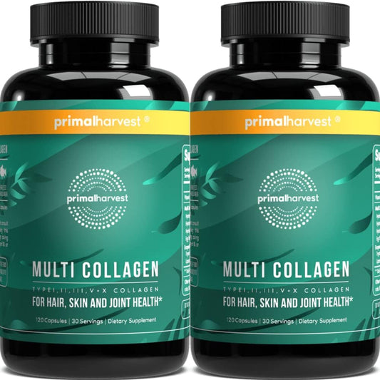 120 Capsules of Primal Harvest Multi Collagen Pills with Vitamin C for Hair, Skin, Nails - Type I, II, III, V, X - Collagen Supplements for Women and Men