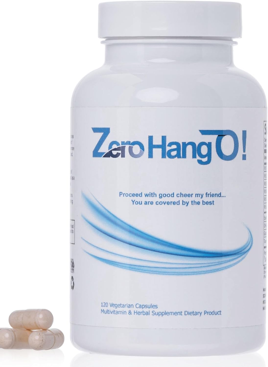 120 Capsules of ZeroHangO! Morning Recovery and Hydration Supplement with Dihydromyricetin, Taurine, Phospholipids, and Glutathione for Hangover Relief.