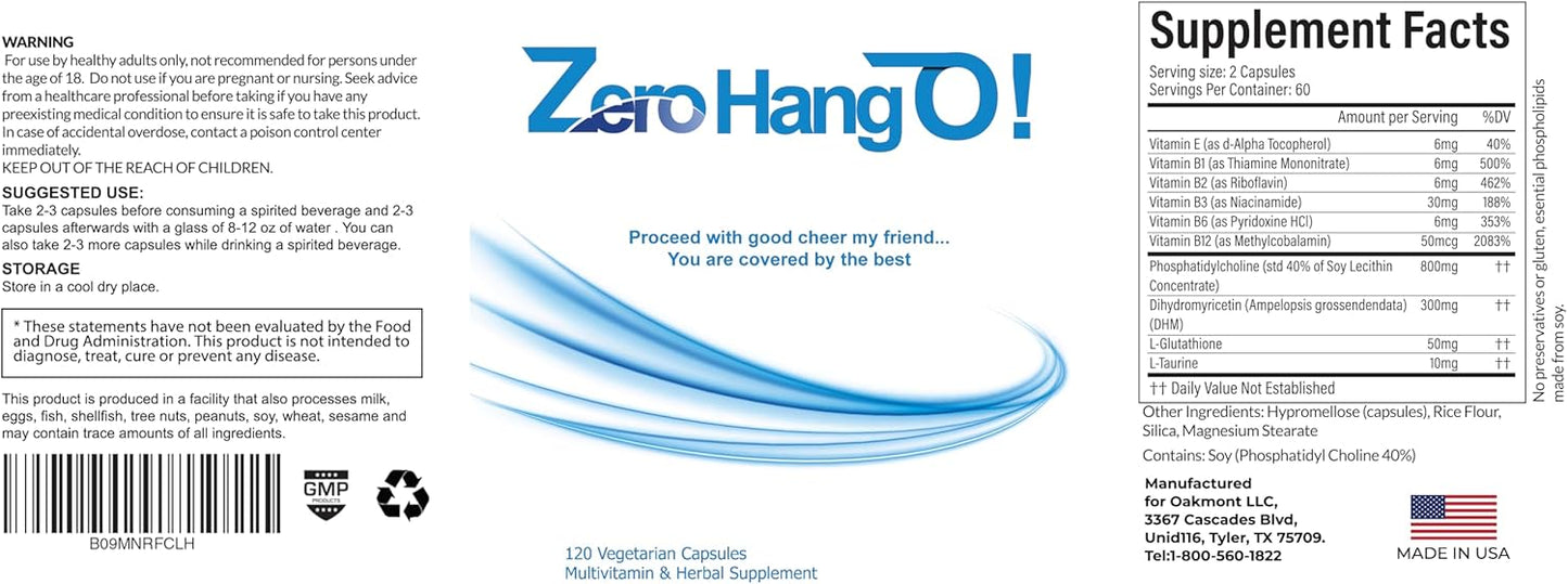 120 Capsules of ZeroHangO! Morning Recovery and Hydration Supplement with Dihydromyricetin, Taurine, Phospholipids, and Glutathione for Hangover Relief.