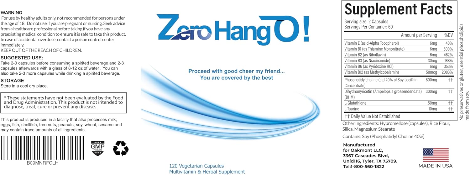 120 Capsules of ZeroHangO! Morning Recovery and Hydration Supplement with Dihydromyricetin, Taurine, Phospholipids, and Glutathione for Hangover Relief.