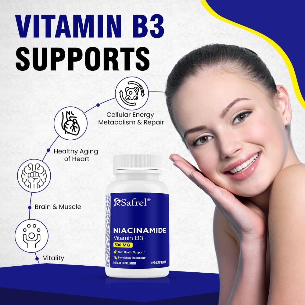 120 Capsules Safrel Niacinamide 500mg Vitamin B3 Skin Health Blemish Support Non-GMO Gluten-Free Flush-Free Formula Men Women's Health