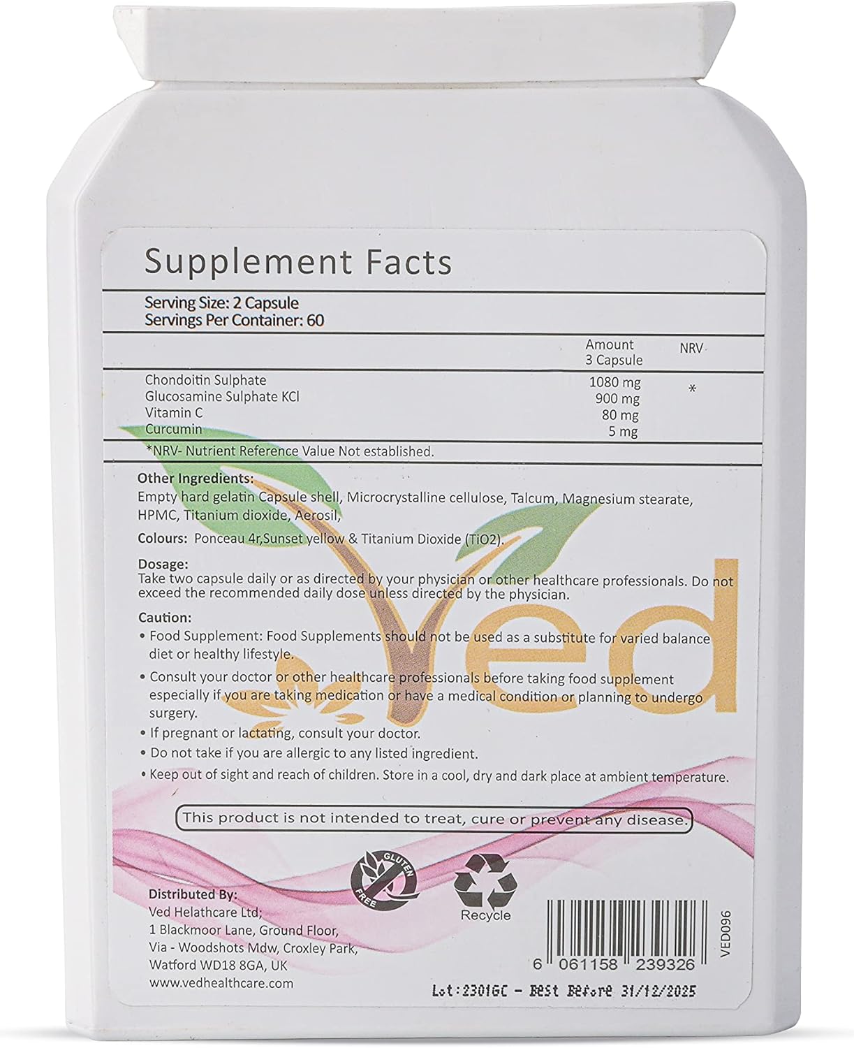 120 Capsules VED Joint Support Supplement with Glucosamine, Chondroitin, Turmeric, Vitamin C - Non-GMO, Gluten Free - 60 Days Supply