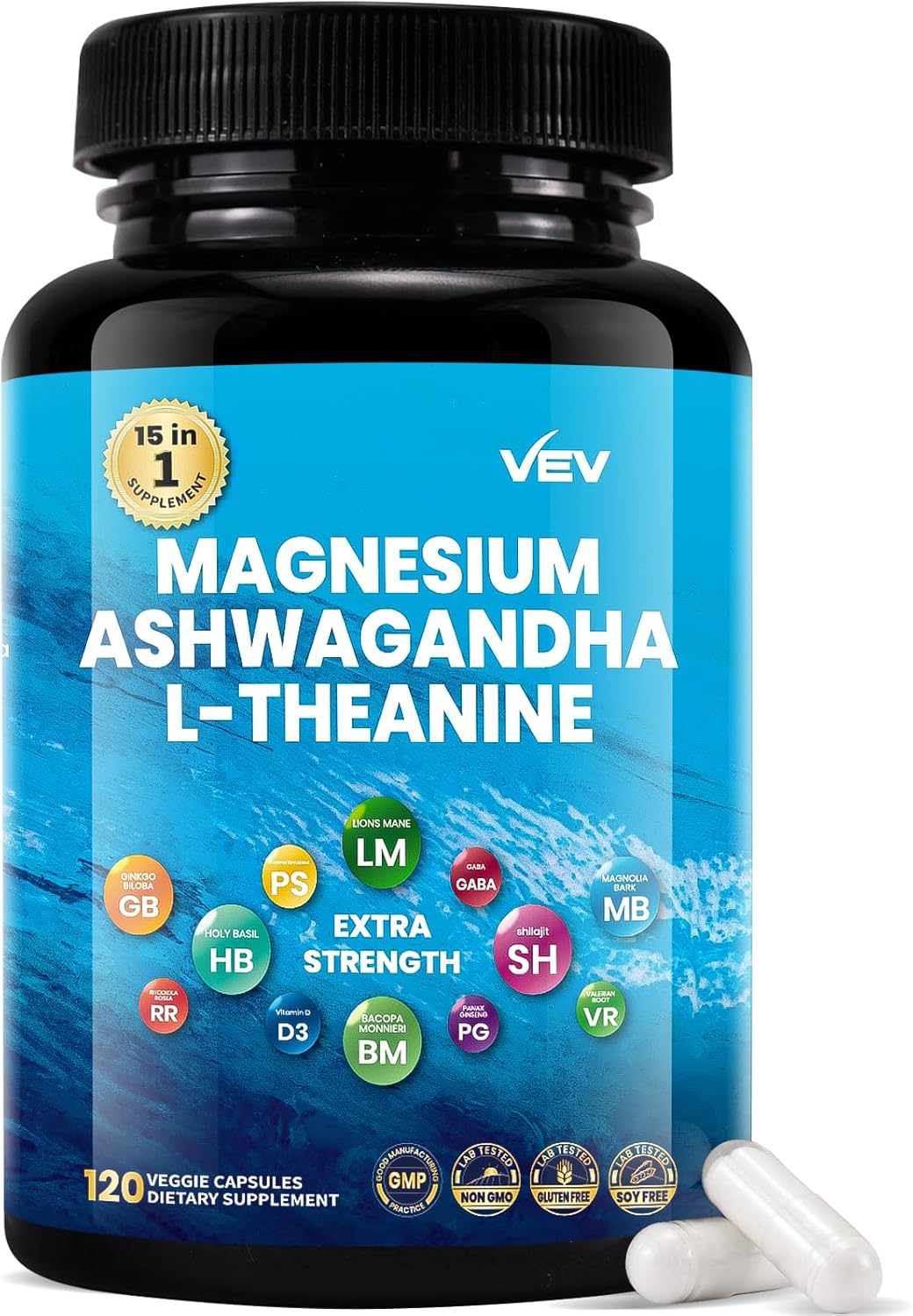 120 Capsules VEV Cortisol Supplements with Magnesium Glycinate, Ashwagandha, L-Theanine, and Vitamin D - Supports Relaxation, Focus, and Sleep