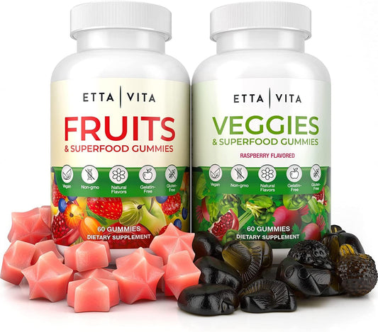 120 Chewable Fruits and Veggies Gummies - Superfood Supplement with Mushrooms, Vitamins, and Antioxidants - Non-GMO, Gluten-Free, Pectin-Based Formula
