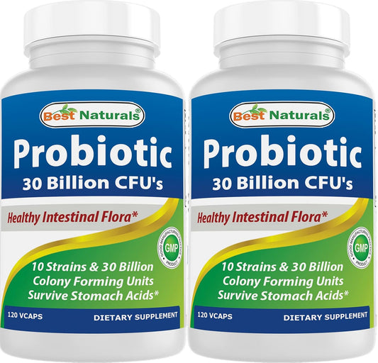 120 Count Best Naturals Probiotic with 10 Strains and 30 Billion CFU, Shelf Stable, 120 Veggie Caps x 2 Pack