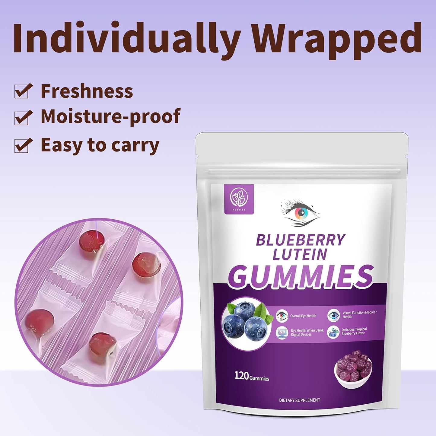 120 Count Blueberry Lutein Gummies for Eye Health Support - 2 Month Supply for Kids & Adults - Blueberry Juice and Lutein Supplement