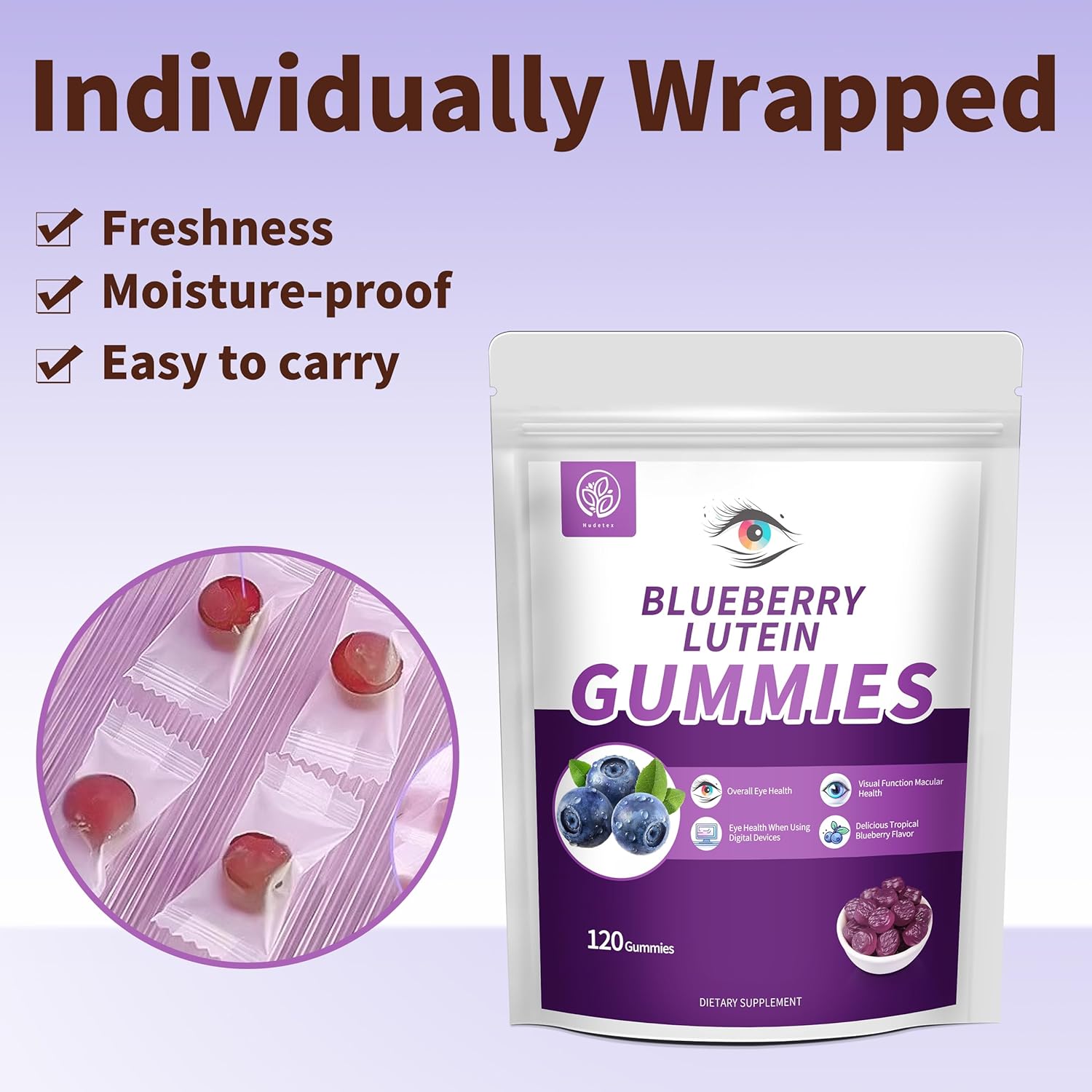 120 Count Blueberry Lutein Gummies for Eye Health Support - 2 Month Supply for Kids & Adults - Blueberry Juice and Lutein Supplement