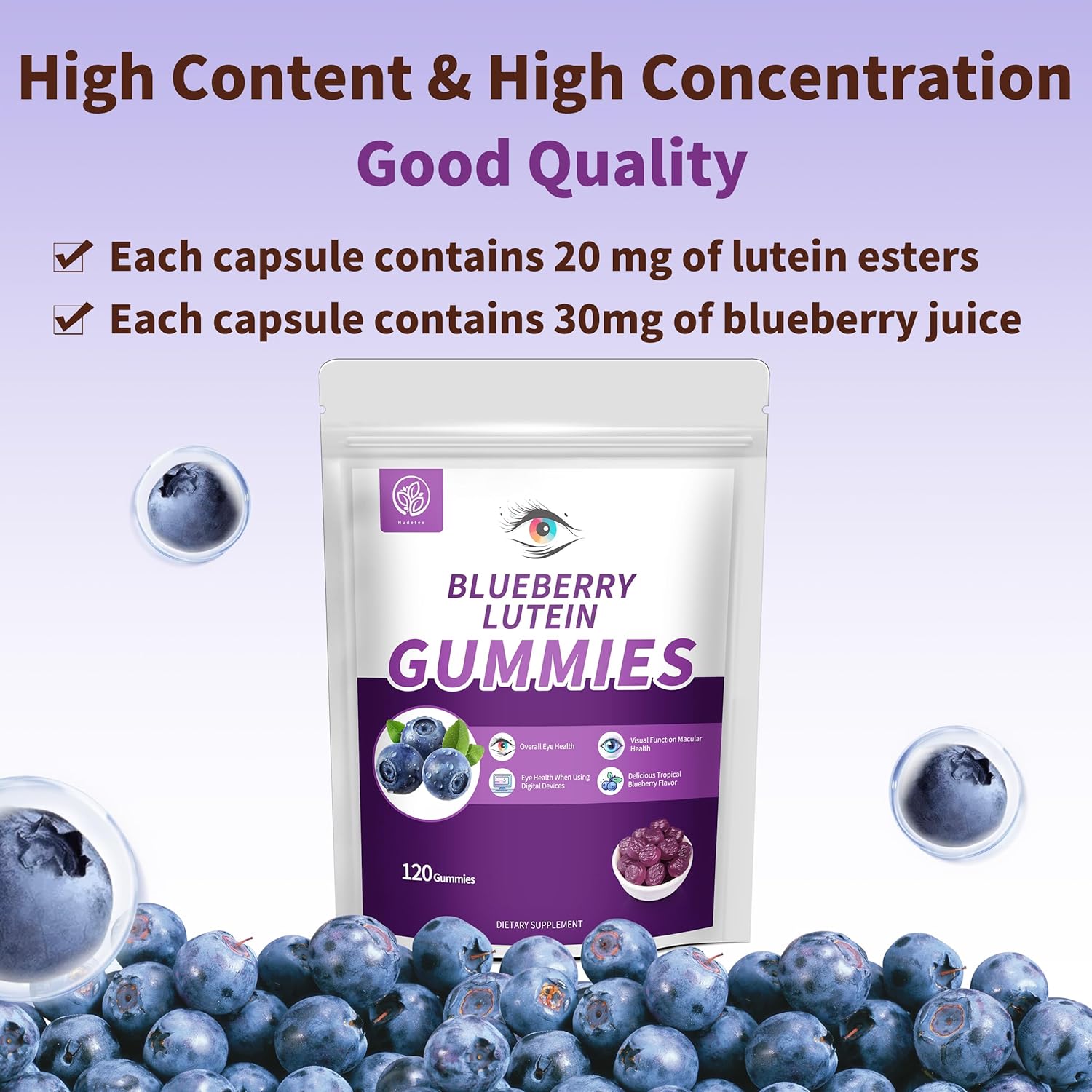 120 Count Blueberry Lutein Gummies for Eye Health Support - 2 Month Supply for Kids & Adults - Blueberry Juice and Lutein Supplement