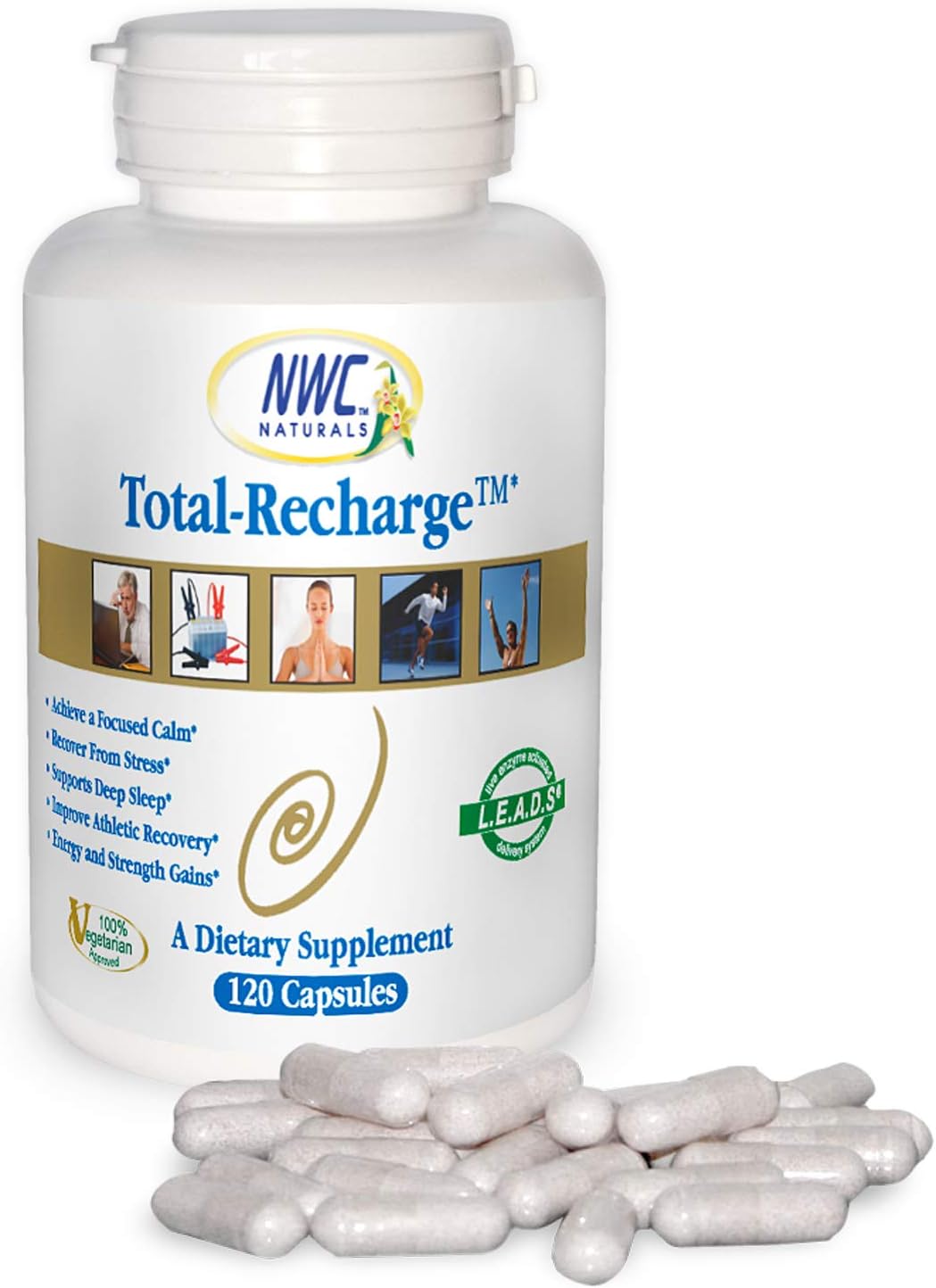 120 Count Capsules NWC Naturals Total-Recharge: Stress Relief, Energy Boost, Mental Clarity, Workout Recovery, Calming - Vegetarian Formula