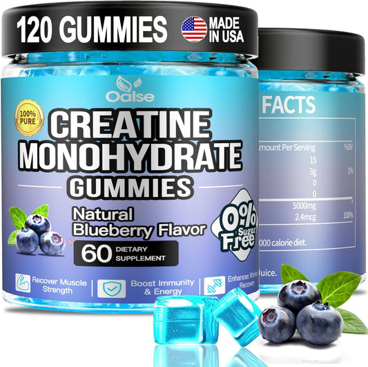 120 Count Creatine Monohydrate Gummies for Muscle Support & Energy Boost - Vegan, Sugar Free, Blueberry Flavor, 2 Pack