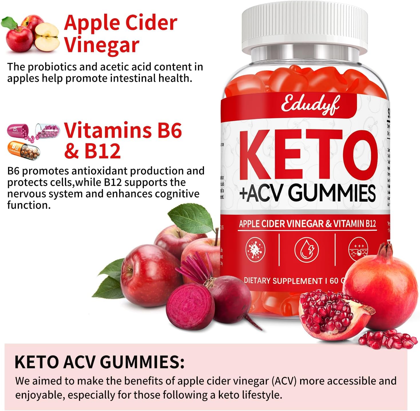 120 Count Elgin EDUDYF Keto ACV Gummies with B12 - Gluten-Free & Gelatin-Free Apple Cider Vinegar Gummies for Keto Support - Vegetarian Supplement for Men & Women