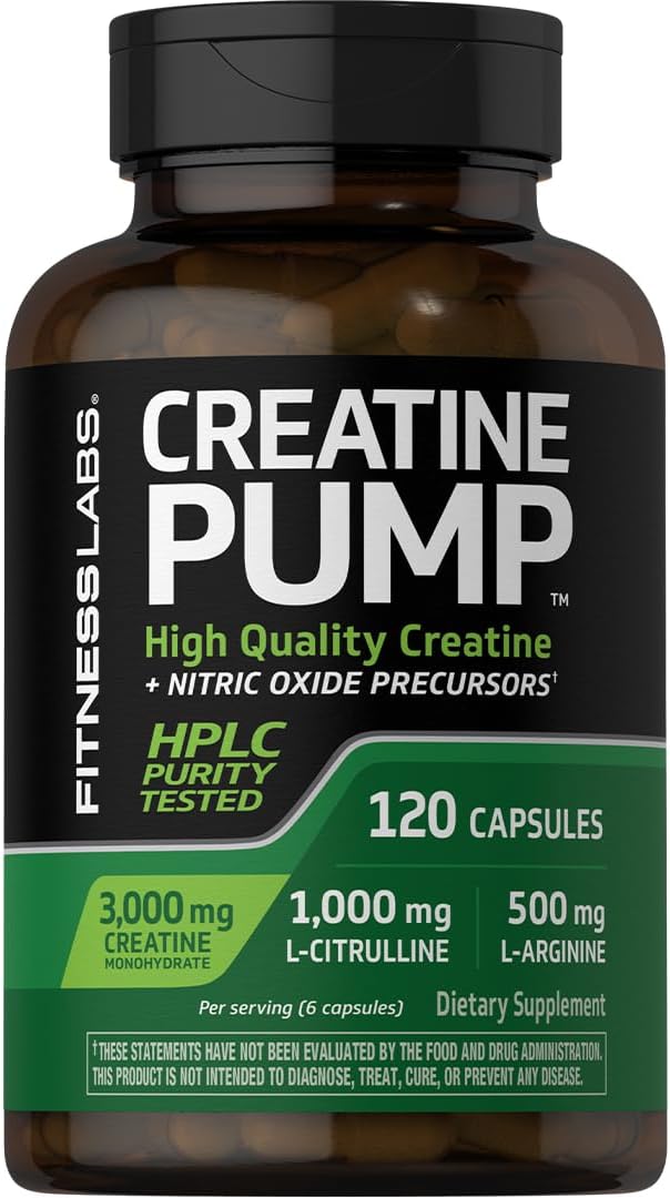 120 Count Fitness Labs Creatine Capsules with 3000mg German Creatine Monohydrate - Creapure Pump Supplement Plus Nitric Oxide Precursor - HPLC Tested Non-GMO