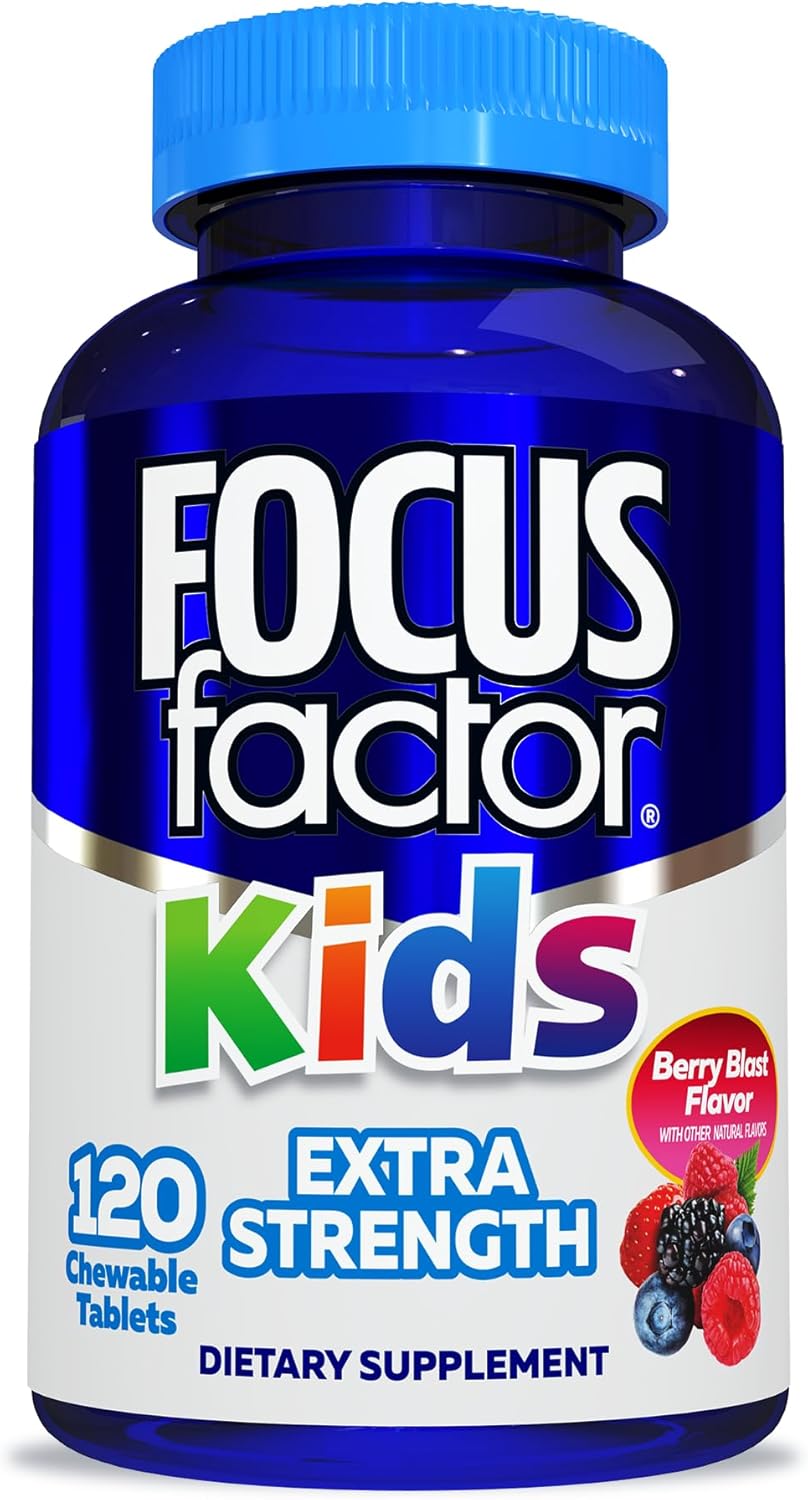 120 Count Focus Factor Kids Extra Strength Daily Chewable Vitamins for Brain Health Support - Quality Formula, Gluten & Dairy Free Supplements - No Artificial Sweetener - Children's Health